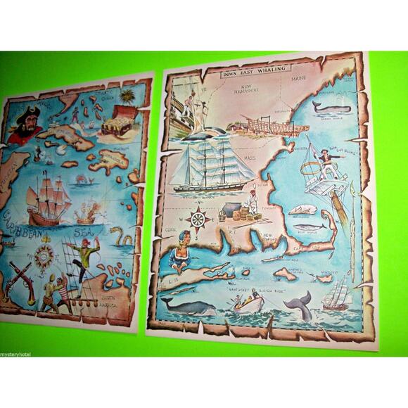Pirate Ship Art Prints Treasure Chest Map Sea Monster Ocean Whales Set Of 2 - Picture 4 of 4